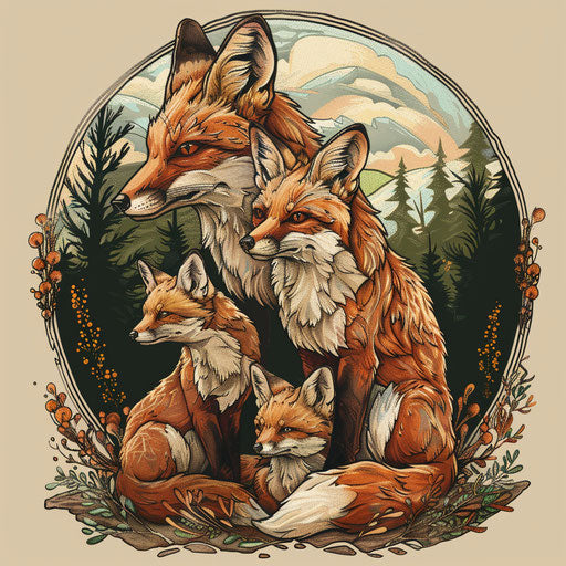 Family of foxes in a forest