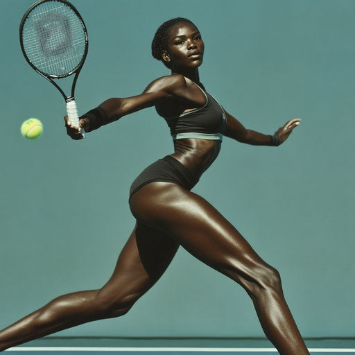 Black model in athletic gear mid-swing on a tennis court
