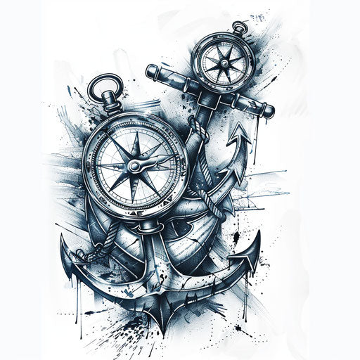 Vintage Nautical Black Tattoo Design, Anchors and Compass, on White