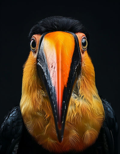 Intimidating portrait of a toucan with a beak in front of a black background