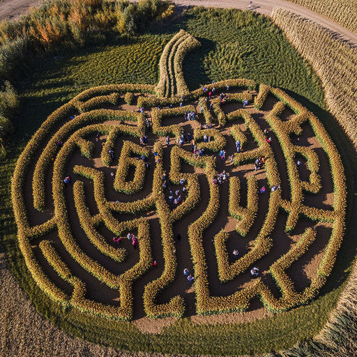 Pumpkin-shaped corn maze with families under warm fall sky