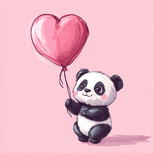 Adorable baby panda holding heart-shaped balloon