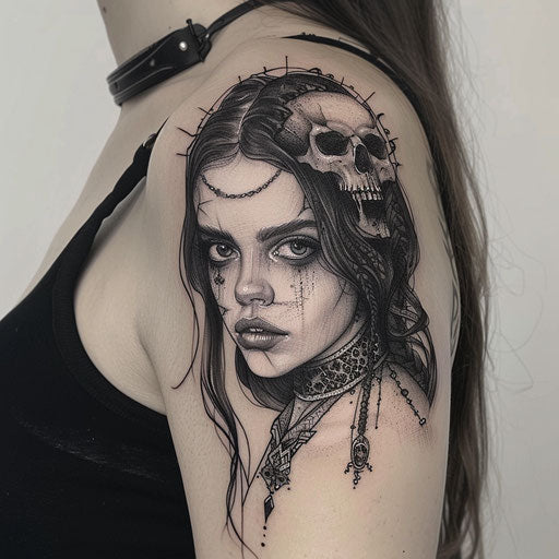 Dark and gothic shoulder tattoo for women