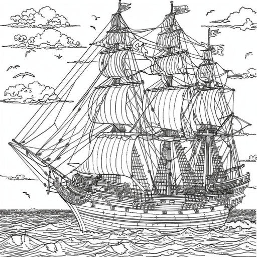 Detailed illustration of a pirate ship sailing the high seas. Coloring book page
