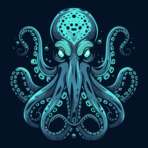 Stylized tattoo sketch of a venomous octopus, flat clipart style with deep navy and aqua blues