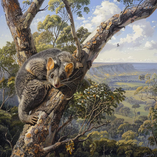 Possum resting in a tree with panoramic view of the valley