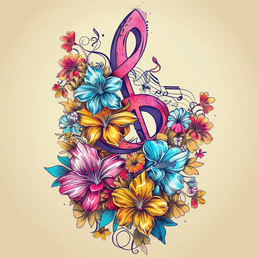 Musical note intertwined with colorful flowers
