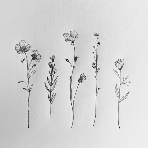 Collection of wildflower tattoos in fine line art