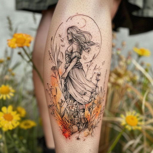 Elegant flat tattoo sketch of Freya in a field of wildflowers