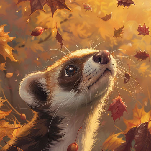 Black-footed ferret pausing to sniff the air among autumn leaves