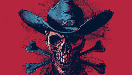 Skull with cowboy hat and crossed bones, poetcore style, captivating 37:21