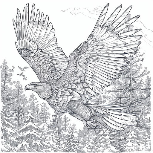 Eagle flying over dense forest with trees and wildlife below. Coloring book page