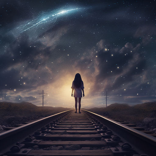 The lonely girl with black hair on the train tracks, eerie dreamscapes