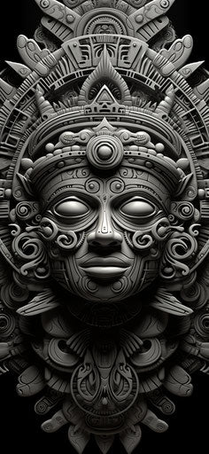 Black and white mandala design in the style of Mayan art