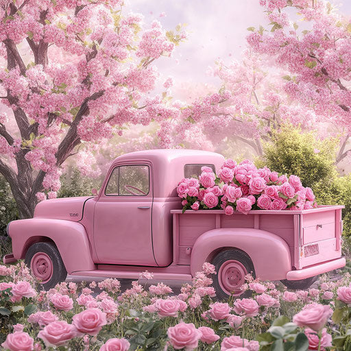 Pink vintage truck with pink roses in the trunk