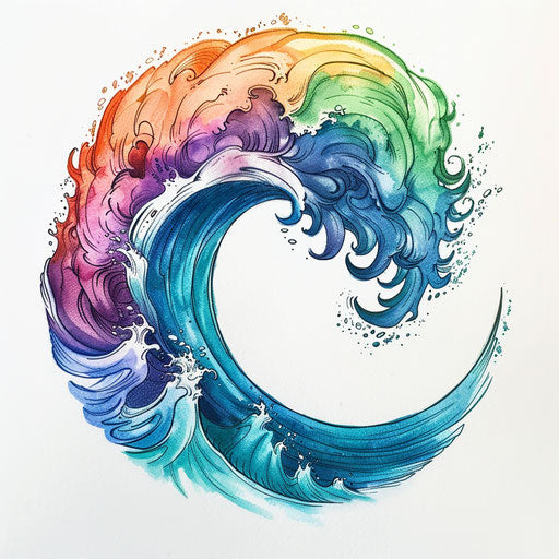 Ocean wave in a gradient of pride colors, serene flat tattoo sketch
