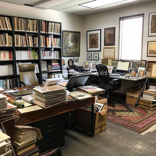 Art curator's office with catalogs and exhibition plans