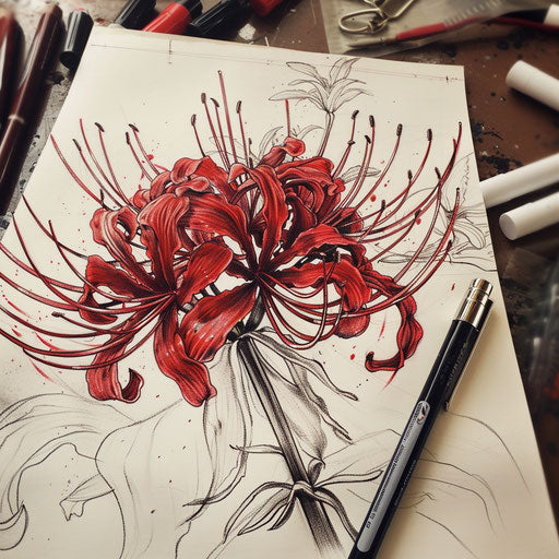 Hyper-realistic tattoo sketch of a red spider lily with detailed textures and natural colors
