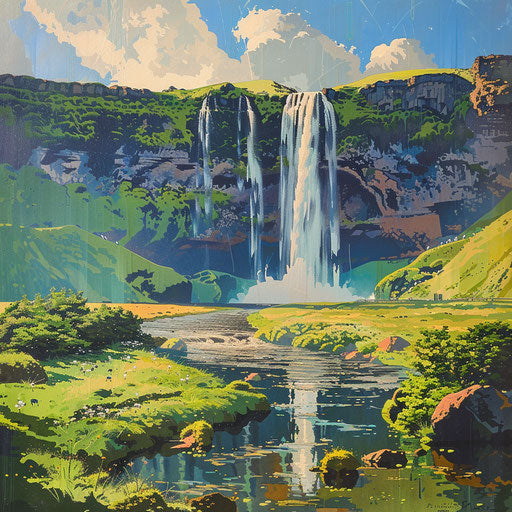Seljalandsfoss Waterfall, Iceland, stylized angular landscape