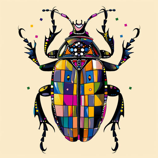 Tattoo sketch of a beetle with a mosaic of vibrant tiles and abstract shapes in a pop art clipart style