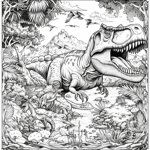 Detailed nature scene with T-Rex and prehistoric animals, Edward Julius Detmold style