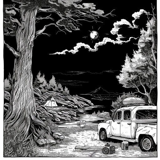 Noir-style camping scene with mystery elements