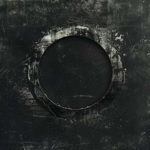 Bold round logo with grunge fonts and a dark textured background