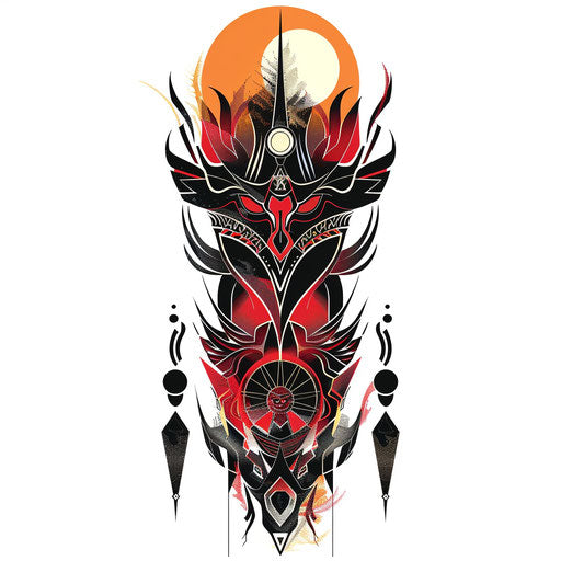 Stylized sunset tattoo with bold, fiery colors on white background