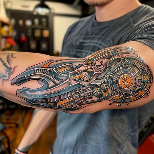 Biomechanical arm tattoo on the bicep, Guy Aitchison style