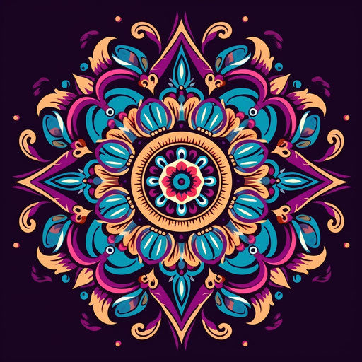 Floral mandala in repeating pattern, Indian scenes