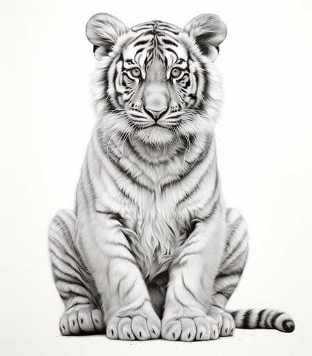 Realistic drawing of a sitting tiger in black and white