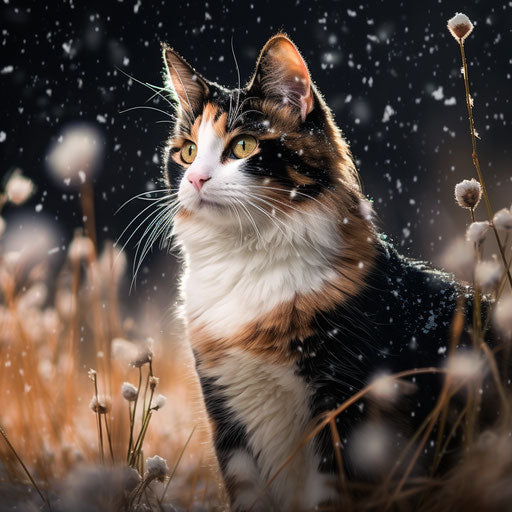 Calico cat in a field while snowing