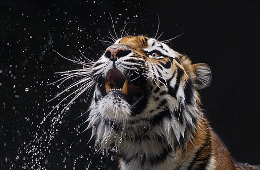 Tiger in the air, covered with water droplets, open mouth