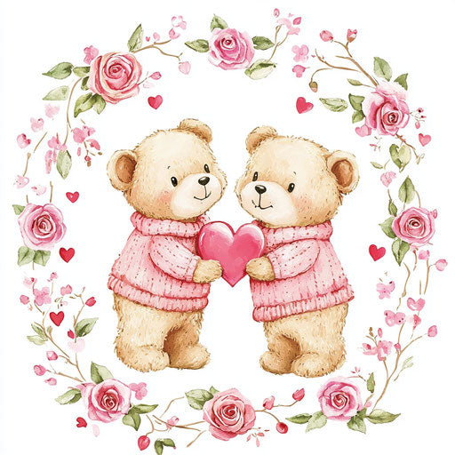 Cute teddy bear couple in love, pink roses wreath