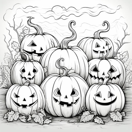 Pumpkin coloring pages with pumpkins in Halloween costume, monochrome ink style, subtle, ilford pan f, toyen