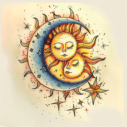 Charming tattoo sketch of a sun and moon with stars, pastel color palette