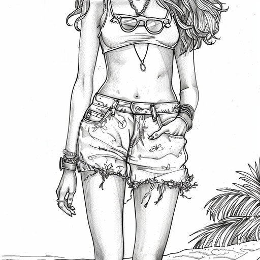 Summer outfit with tank top and shorts, perfect for a day at the beach. Coloring book page