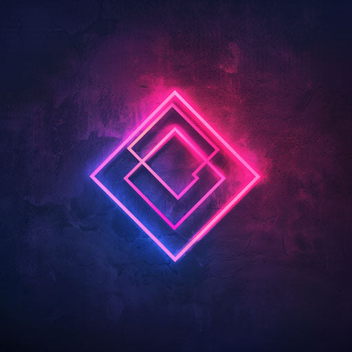Neon logo with minimalist design and vibrant pink and blue colors on dark background