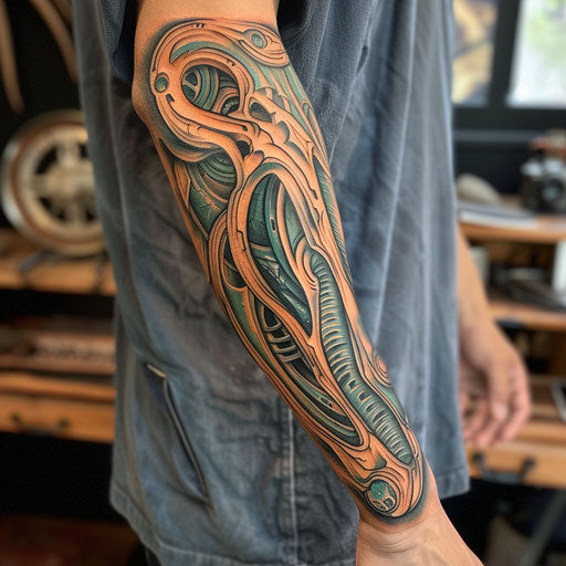 Biomechanical arm tattoo in the style of Guy Aitchison