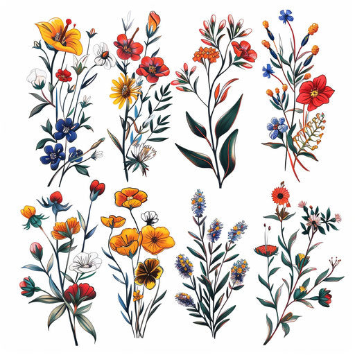 Series of wildflower tattoos in a traditional style