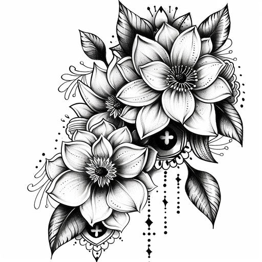 Black and white tattoo design, Indian motif style, delicate