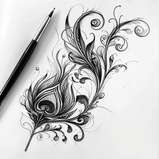 Art Nouveau peacock feather tattoo sketch with flowing lines and organic forms