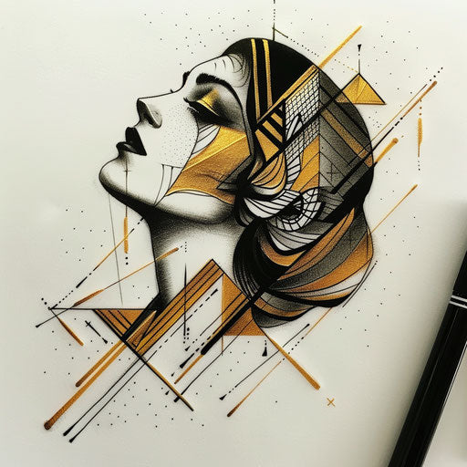 Flat tattoo sketch inspired by Art Deco for 13 tattoo with gold and black contrasts