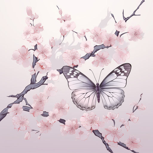 Butterfly on branch with flowers, flowing silhouettes