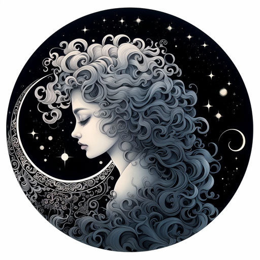 Drawing of the moon with a girl in ornate style