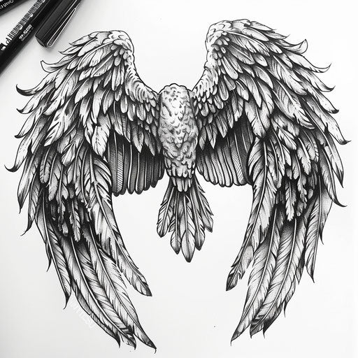 Detailed sketch of angel wings for tattoo on white background
