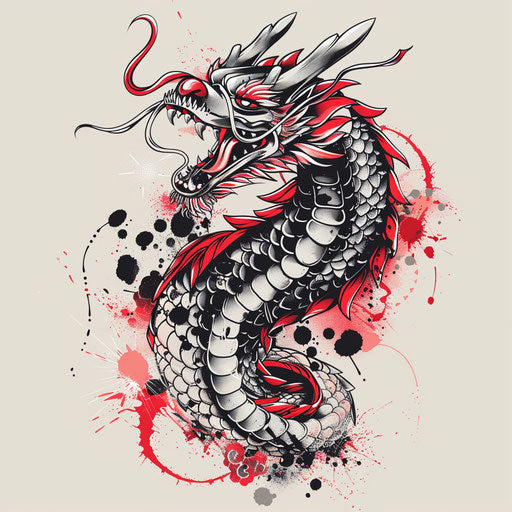 Graphic flat tattoo sketch for a fierce dragon