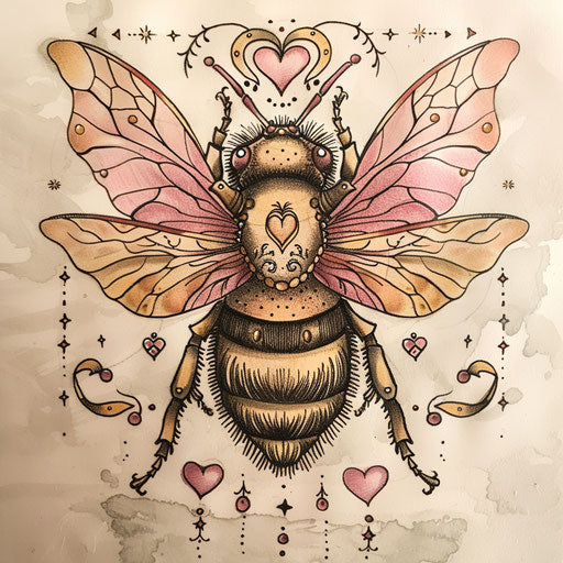 Romantic tattoo sketch of a queen bee with heart shapes and soft pink hues in a charming clipart style