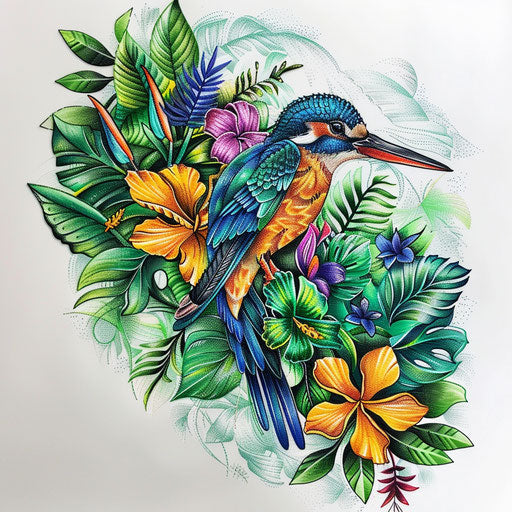 Tropical tattoo sketch for a cross stitch tattoo with lush greenery and vibrant birds