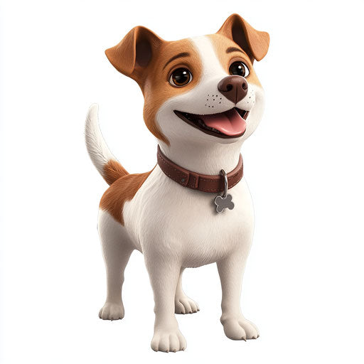 3D dog in photo realistic style with a flat white background